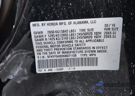 2019 Honda Pilot Elite z USA, uszkodzony, nr VIN 5FNYF6H03KB071156